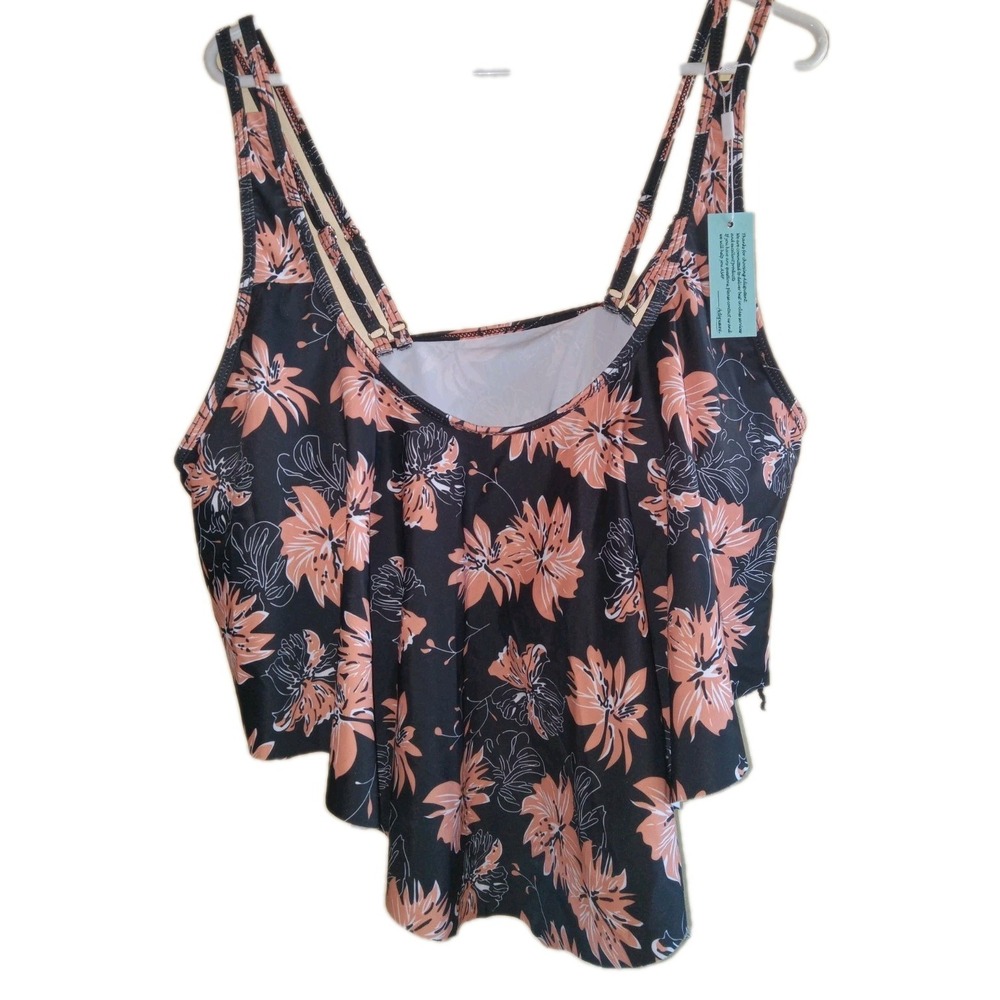NWT 2X Adisputent Tankini Bikini Top Black Coral Floral Ruffle Swimwear‎ Bathing